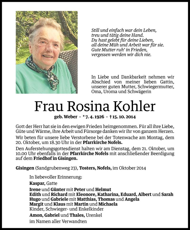  Todesanzeige für Rosina Kohler vom 18.10.2014 aus Vorarlberger Nachrichten