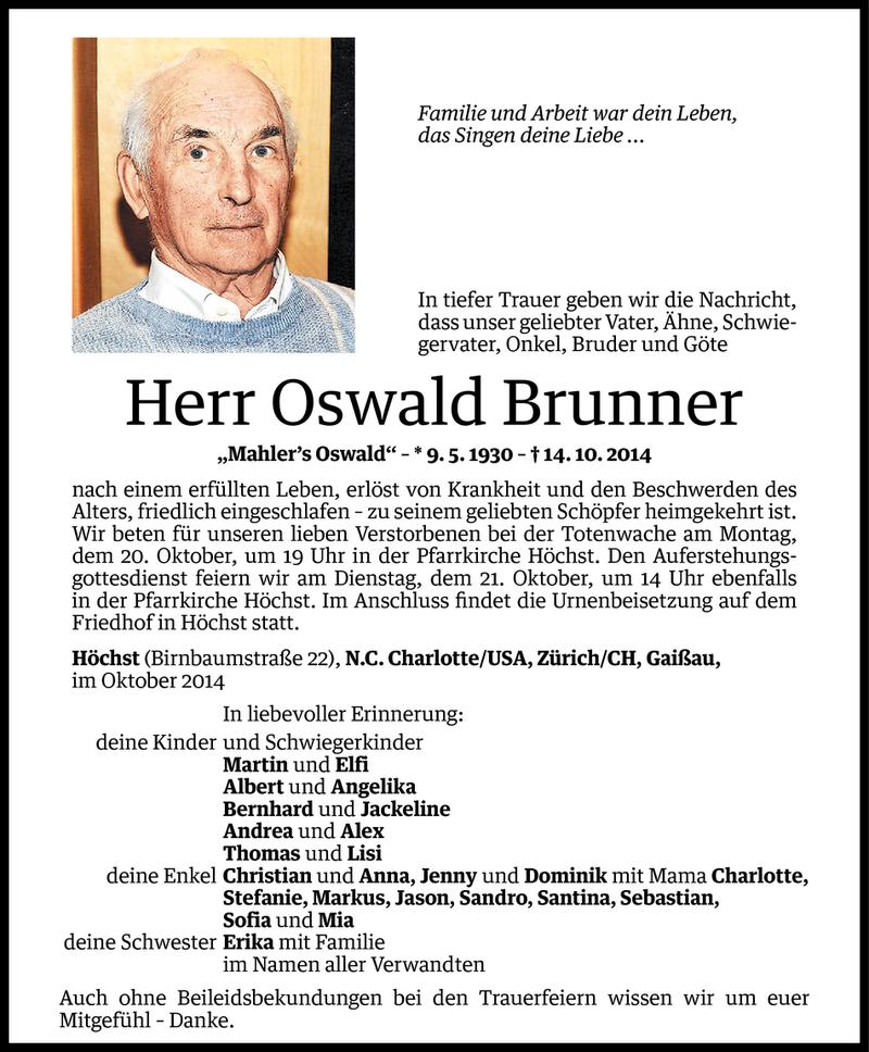  Todesanzeige für Oswald Brunner vom 17.10.2014 aus Vorarlberger Nachrichten