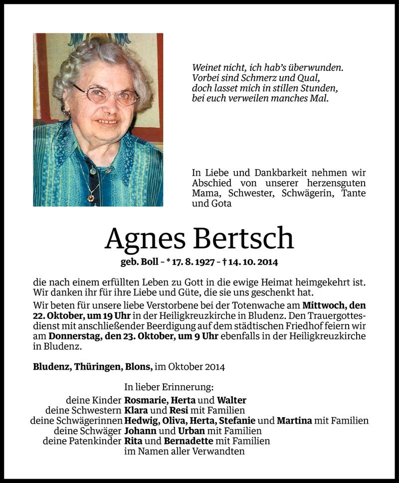  Todesanzeige für Agnes Bertsch vom 20.10.2014 aus Vorarlberger Nachrichten