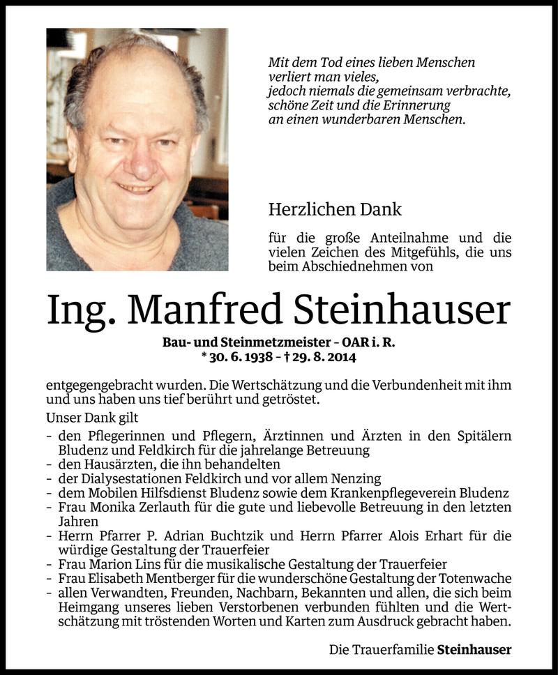  Todesanzeige für Manfred Steinhauser vom 18.10.2014 aus Vorarlberger Nachrichten