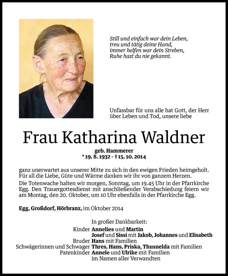  Todesanzeige für Katharina Waldner vom 17.10.2014 aus Vorarlberger Nachrichten