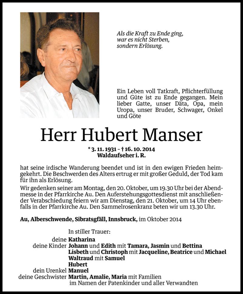  Todesanzeige für Hubert Manser vom 17.10.2014 aus Vorarlberger Nachrichten