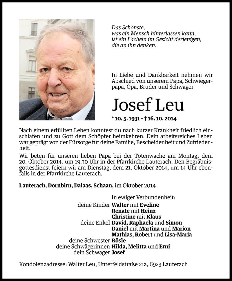  Todesanzeige für Josef Leu vom 17.10.2014 aus Vorarlberger Nachrichten