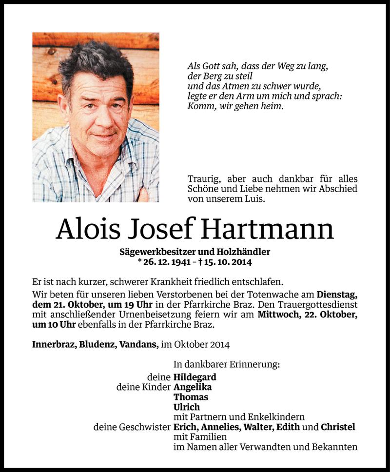  Todesanzeige für Alois Josef Hartmann vom 18.10.2014 aus Vorarlberger Nachrichten