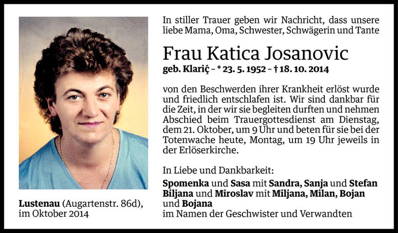  Todesanzeige für Katica Josanovic vom 19.10.2014 aus Vorarlberger Nachrichten