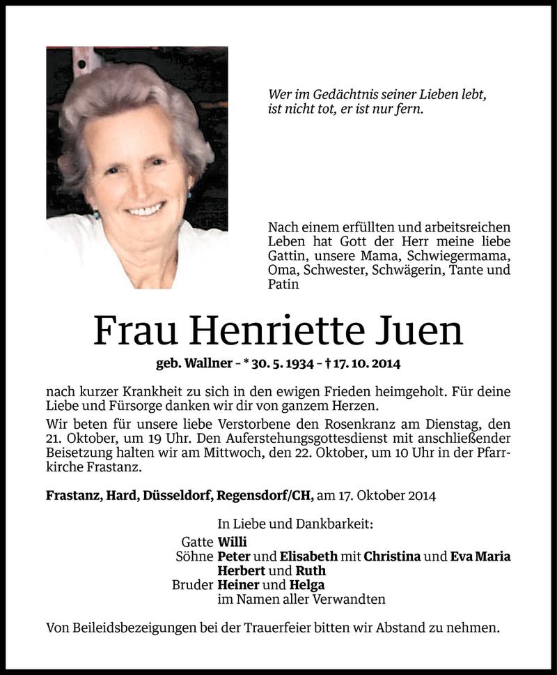  Todesanzeige für Henriette Juen vom 19.10.2014 aus Vorarlberger Nachrichten