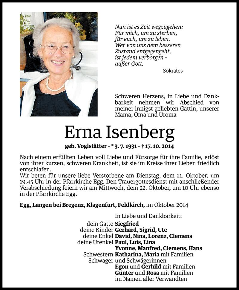  Todesanzeige für Erna Isenberg vom 19.10.2014 aus Vorarlberger Nachrichten