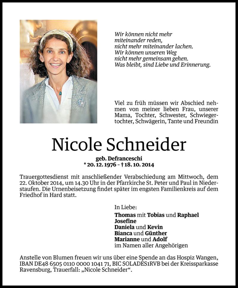  Todesanzeige für Nicole Schneider vom 20.10.2014 aus Vorarlberger Nachrichten