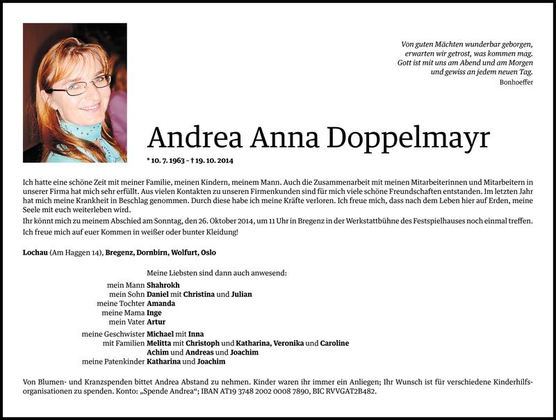  Todesanzeige für Andrea Anna Doppelmayr vom 20.10.2014 aus Vorarlberger Nachrichten