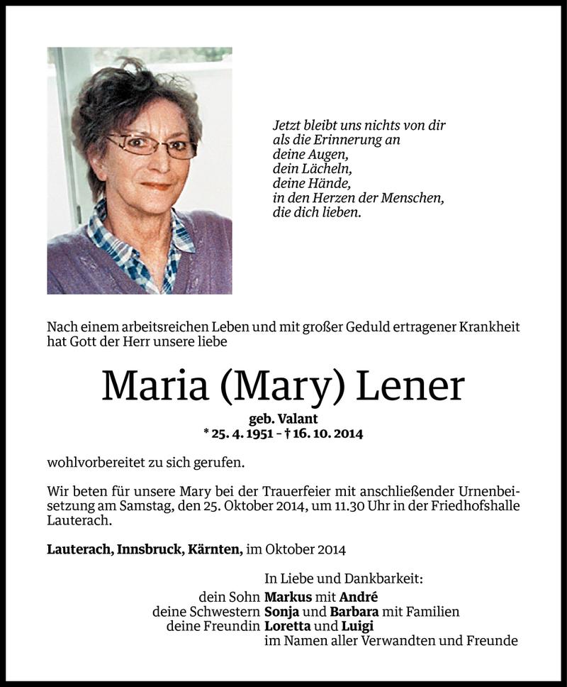  Todesanzeige für Maria Lener vom 21.10.2014 aus Vorarlberger Nachrichten