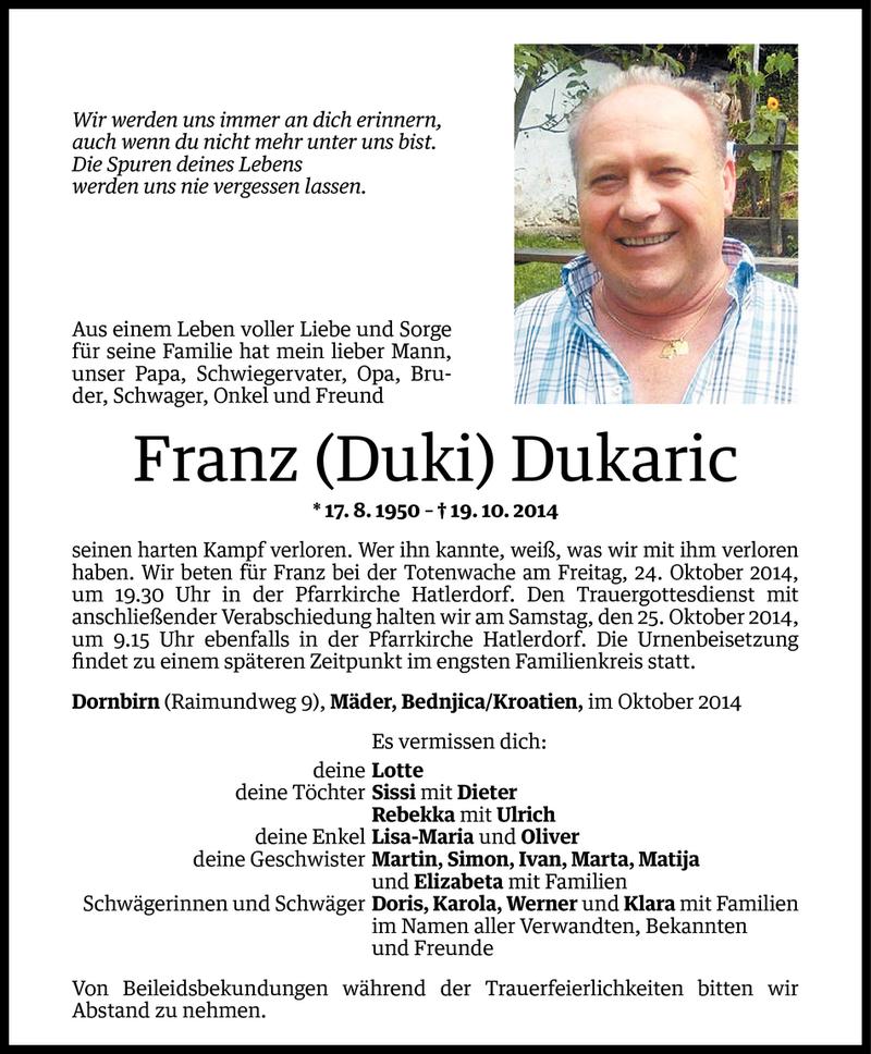  Todesanzeige für Franz Dukaric vom 21.10.2014 aus Vorarlberger Nachrichten