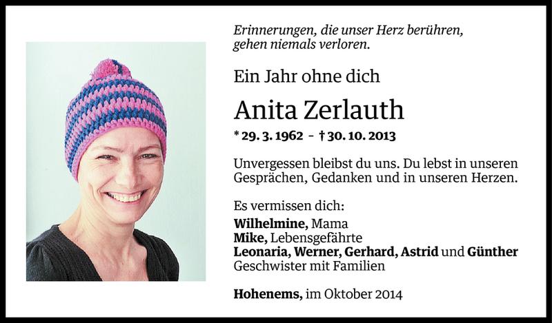  Todesanzeige für Anita Zerlauth vom 30.10.2014 aus Vorarlberger Nachrichten