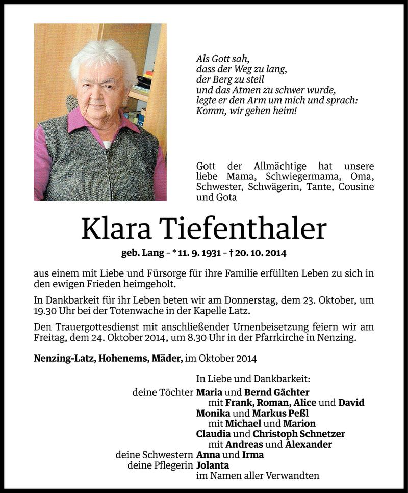  Todesanzeige für Klara Tiefenthaler vom 22.10.2014 aus Vorarlberger Nachrichten