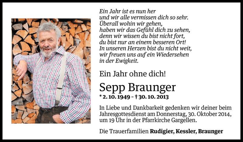  Todesanzeige für Sepp Braunger vom 24.10.2014 aus Vorarlberger Nachrichten