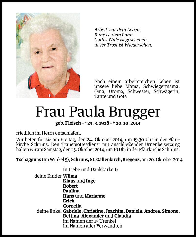  Todesanzeige für Paula Brugger vom 22.10.2014 aus Vorarlberger Nachrichten