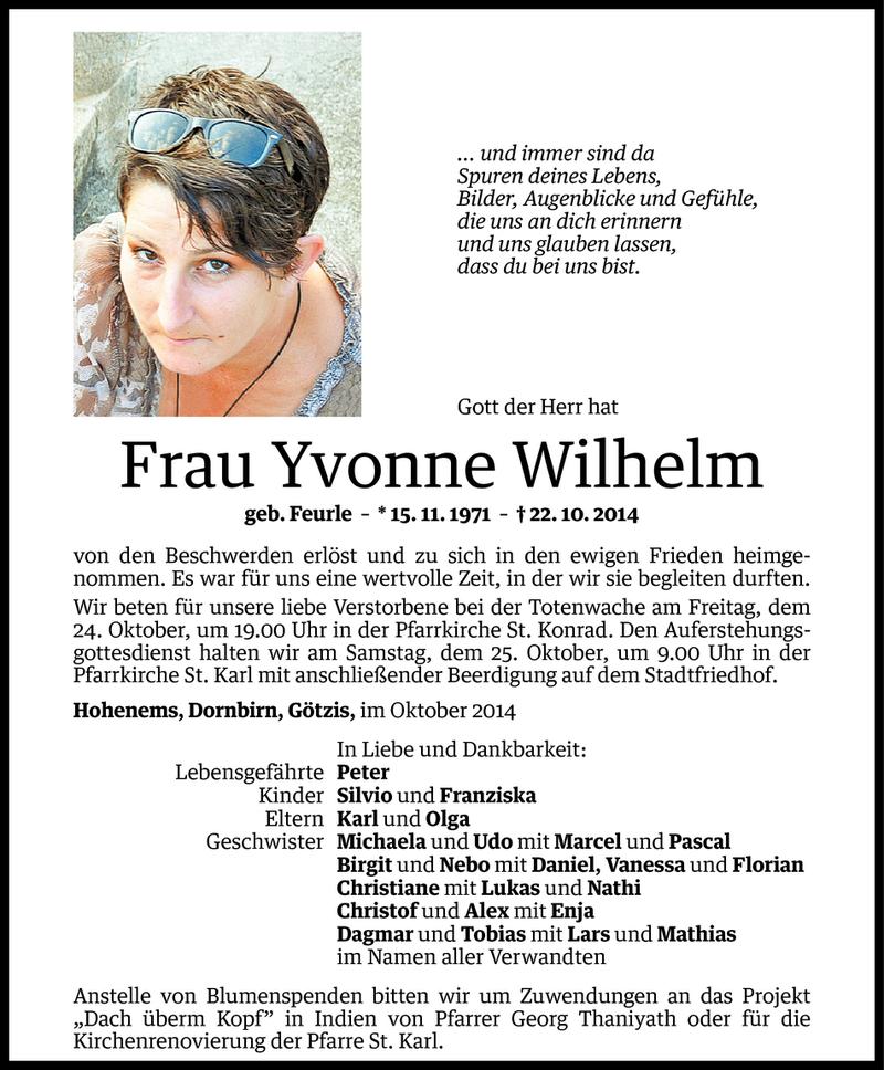  Todesanzeige für Yvonne Wilhelm vom 23.10.2014 aus Vorarlberger Nachrichten