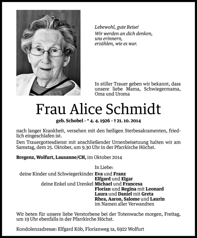  Todesanzeige für Alice Schmidt vom 22.10.2014 aus Vorarlberger Nachrichten