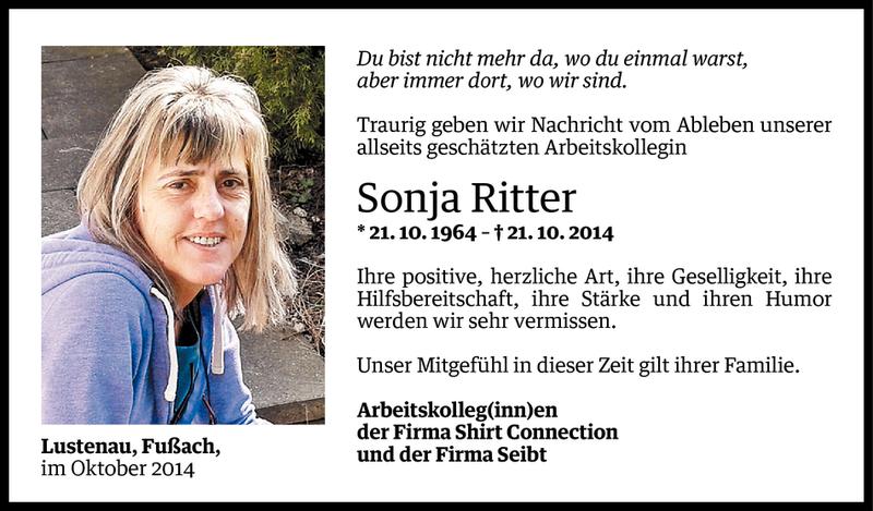  Todesanzeige für Sonja Ritter vom 22.10.2014 aus Vorarlberger Nachrichten