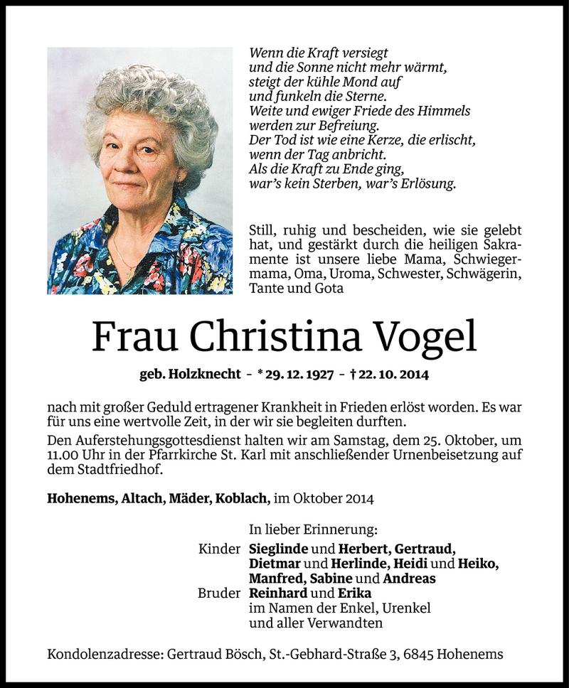  Todesanzeige für Christina Vogel vom 24.10.2014 aus Vorarlberger Nachrichten