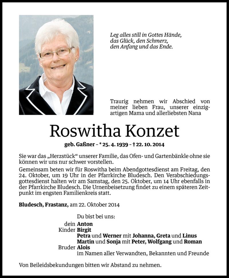  Todesanzeige für Roswitha Konzet vom 23.10.2014 aus Vorarlberger Nachrichten