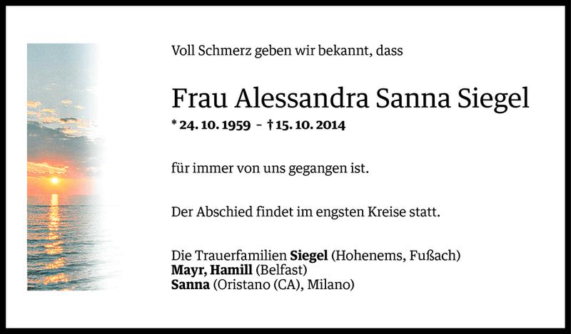  Todesanzeige für Alessandra Sanna Siegel vom 25.10.2014 aus Vorarlberger Nachrichten