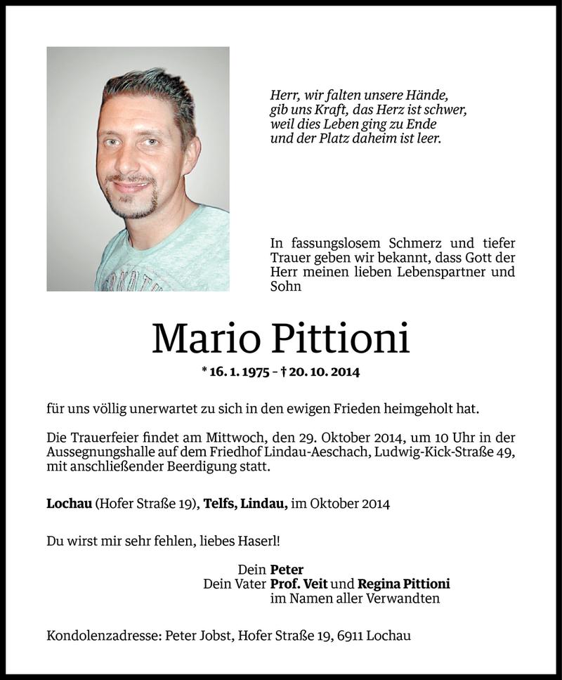  Todesanzeige für Mario Pittioni vom 24.10.2014 aus Vorarlberger Nachrichten