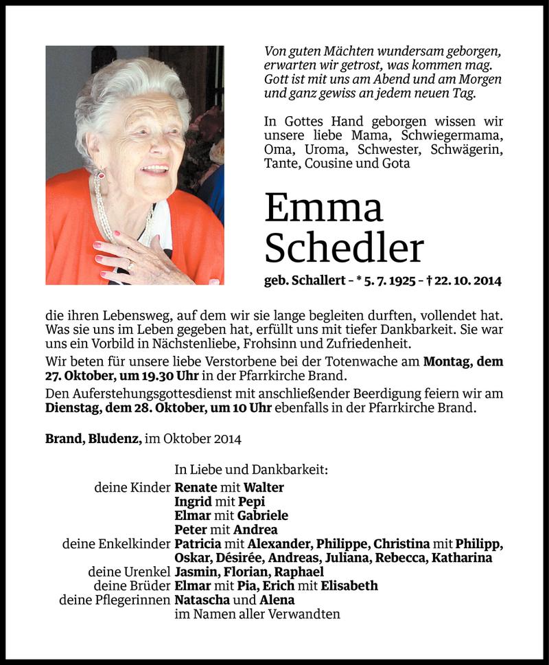  Todesanzeige für Emma Schedler vom 25.10.2014 aus Vorarlberger Nachrichten