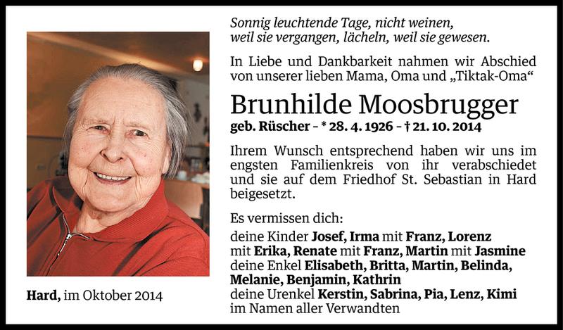  Todesanzeige für Brunhilde Moosbrugger vom 25.10.2014 aus Vorarlberger Nachrichten