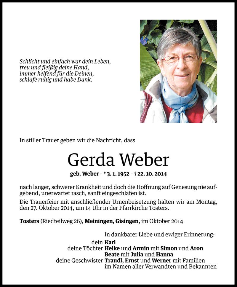  Todesanzeige für Gerda Weber vom 24.10.2014 aus Vorarlberger Nachrichten