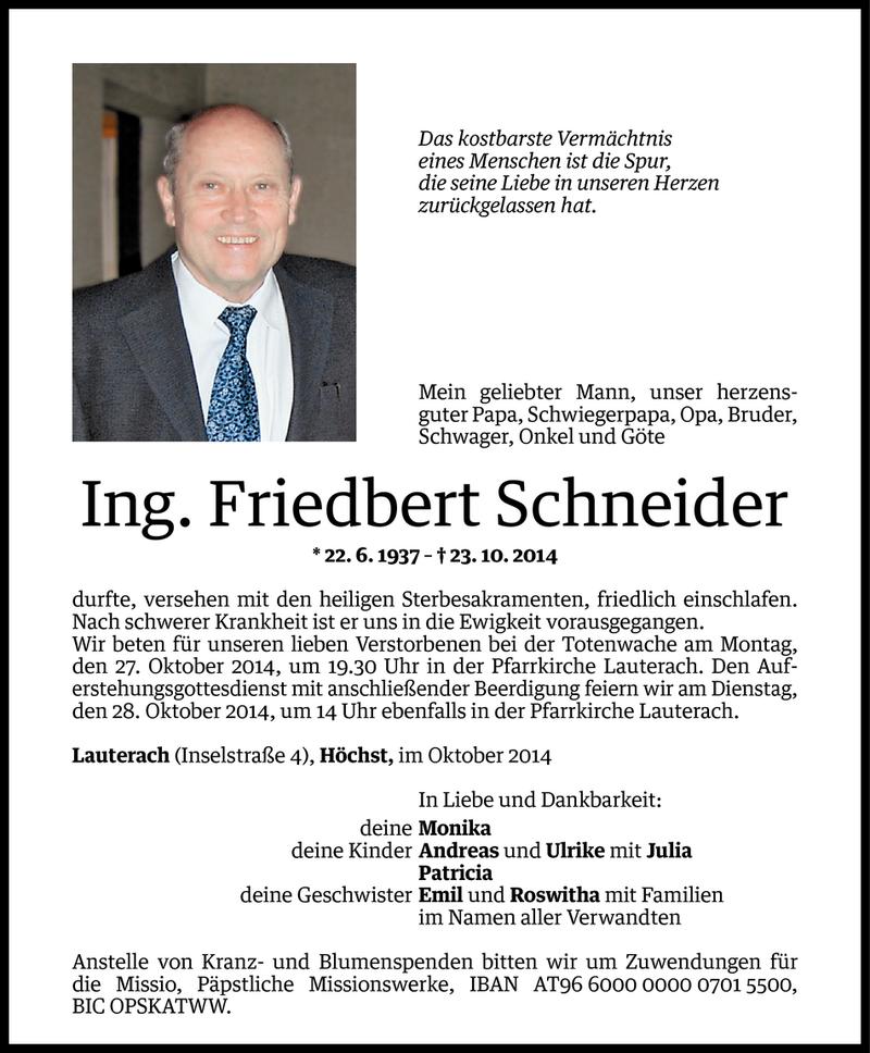  Todesanzeige für Friedbert Schneider vom 24.10.2014 aus Vorarlberger Nachrichten