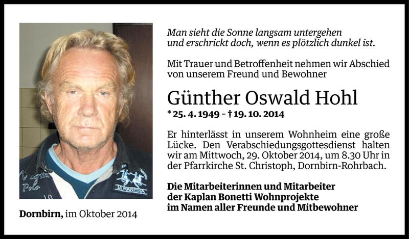  Todesanzeige für Günther Oswald Hohl vom 24.10.2014 aus Vorarlberger Nachrichten