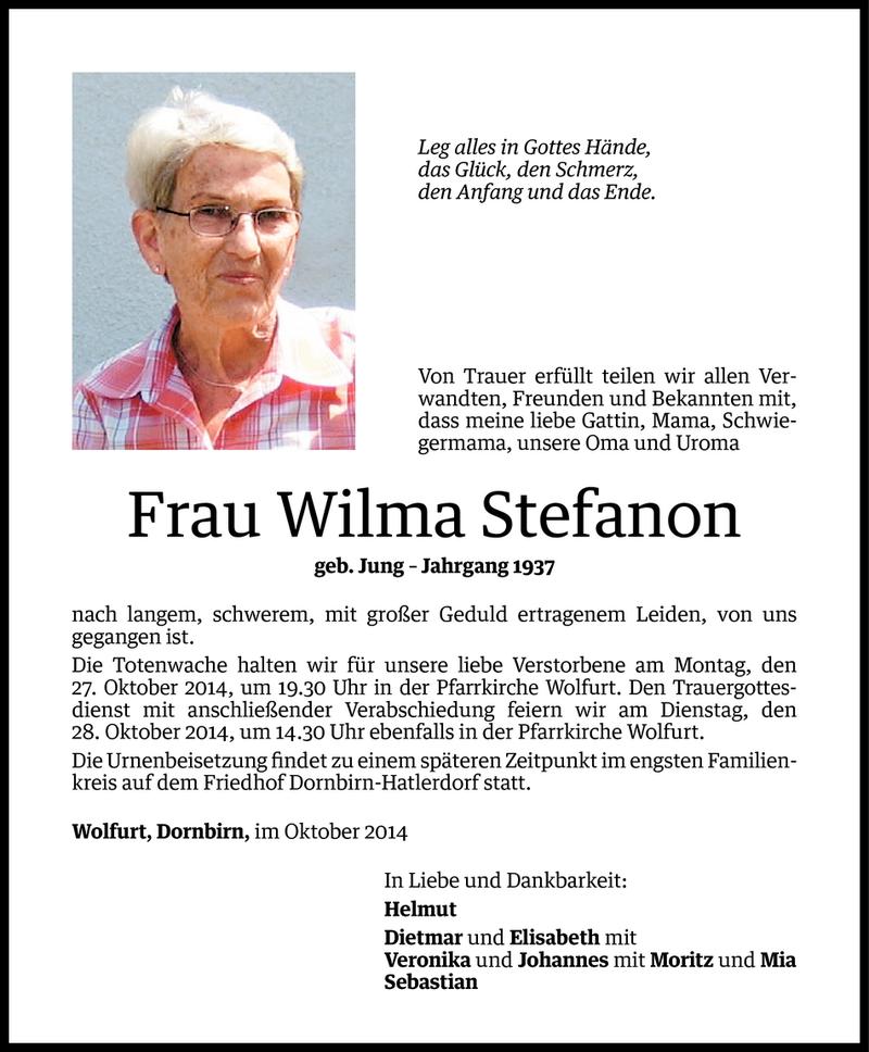  Todesanzeige für Wilma Stefanon vom 24.10.2014 aus Vorarlberger Nachrichten