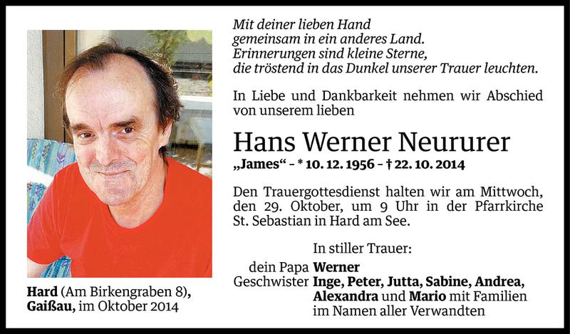  Todesanzeige für Hans Werner Neururer vom 24.10.2014 aus Vorarlberger Nachrichten