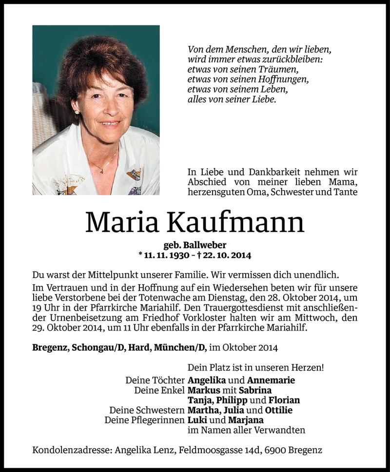  Todesanzeige für Maria Kaufmann vom 24.10.2014 aus Vorarlberger Nachrichten