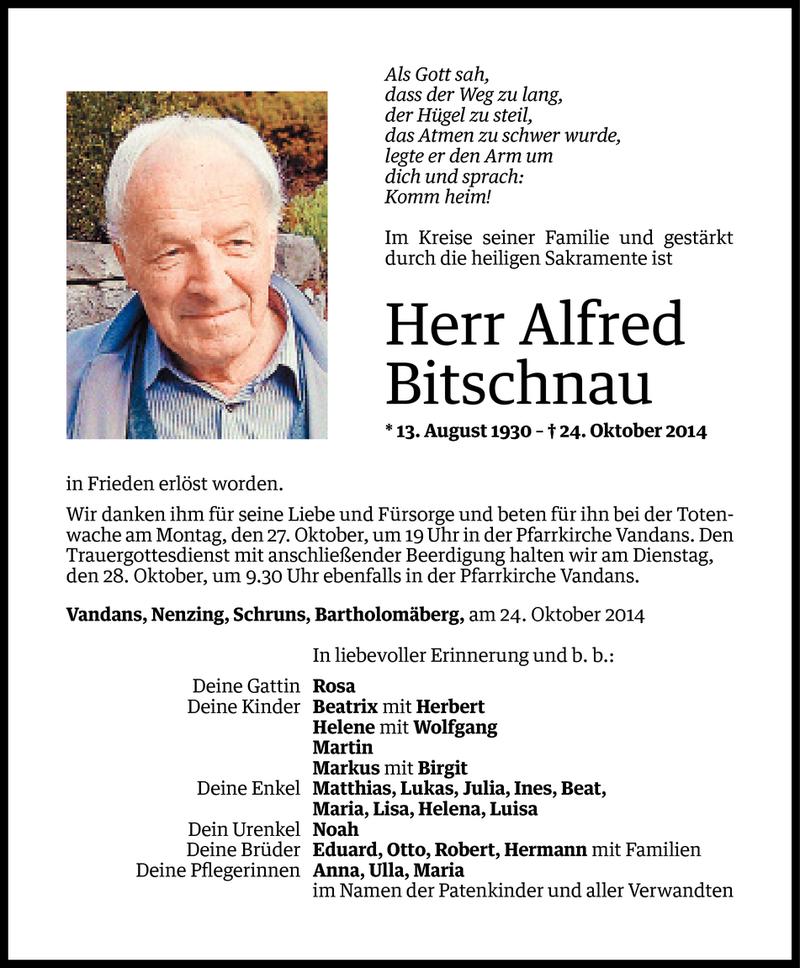  Todesanzeige für Alfred Bitschnau vom 24.10.2014 aus Vorarlberger Nachrichten