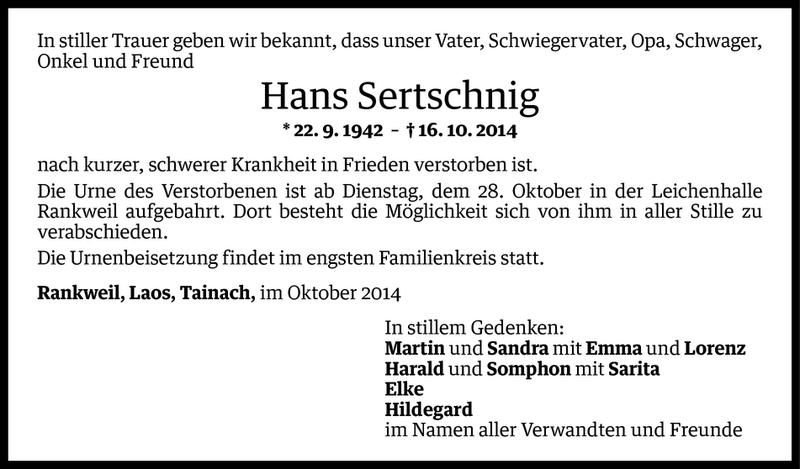  Todesanzeige für Hans Sertschnig vom 27.10.2014 aus Vorarlberger Nachrichten