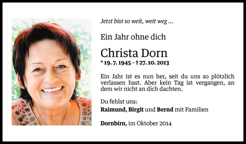  Todesanzeige für Christa Dorn vom 26.10.2014 aus Vorarlberger Nachrichten