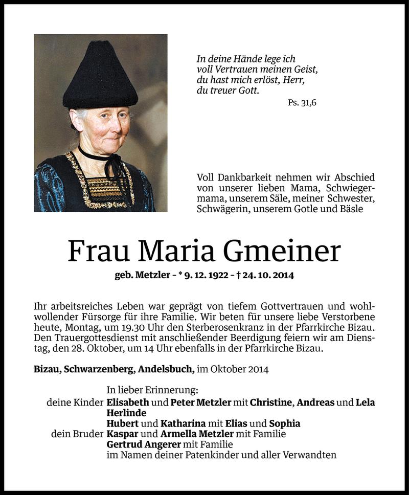  Todesanzeige für Maria Gmeiner vom 26.10.2014 aus Vorarlberger Nachrichten