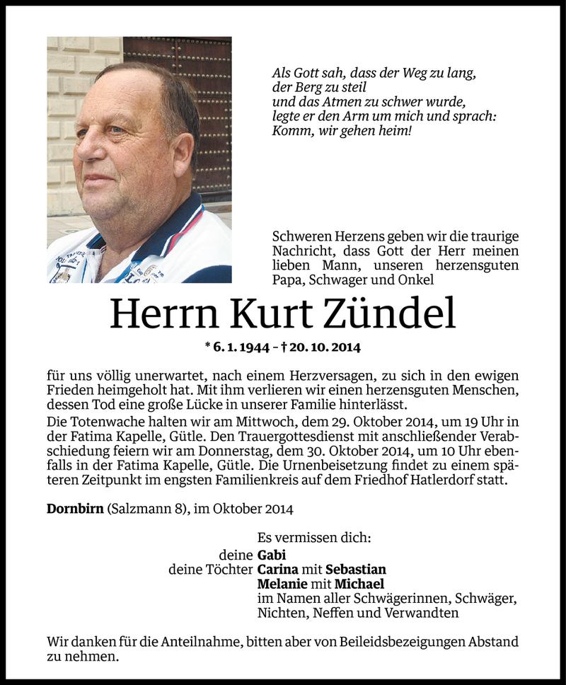  Todesanzeige für Kurt Zündel vom 26.10.2014 aus Vorarlberger Nachrichten