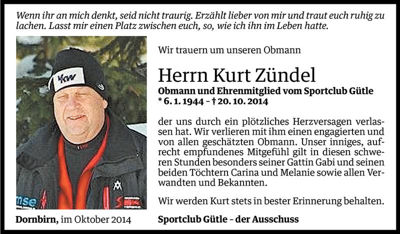  Todesanzeige für Kurt Zündel vom 26.10.2014 aus Vorarlberger Nachrichten