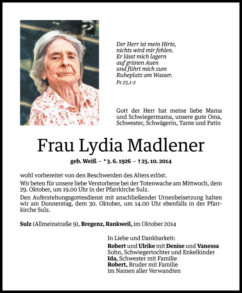  Todesanzeige für Lydia Madlener vom 28.10.2014 aus Vorarlberger Nachrichten