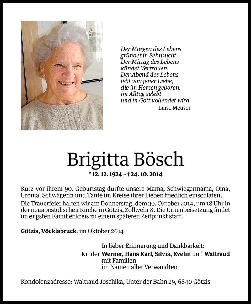  Todesanzeige für Brigitta Bösch vom 27.10.2014 aus Vorarlberger Nachrichten