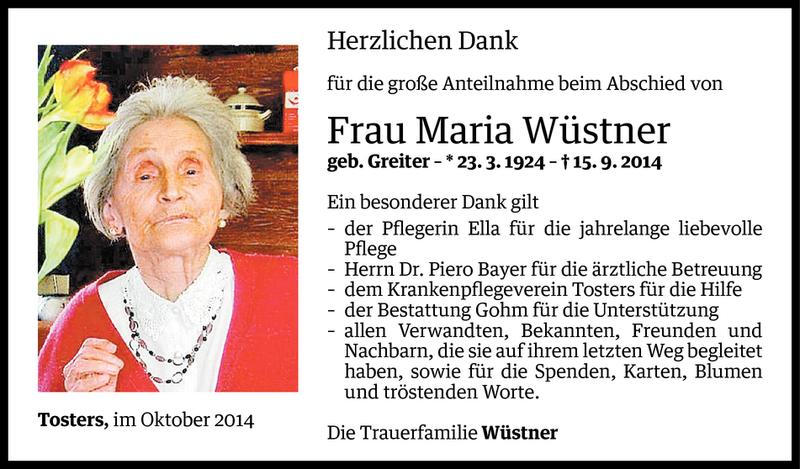  Todesanzeige für Maria Wüstner vom 27.10.2014 aus Vorarlberger Nachrichten