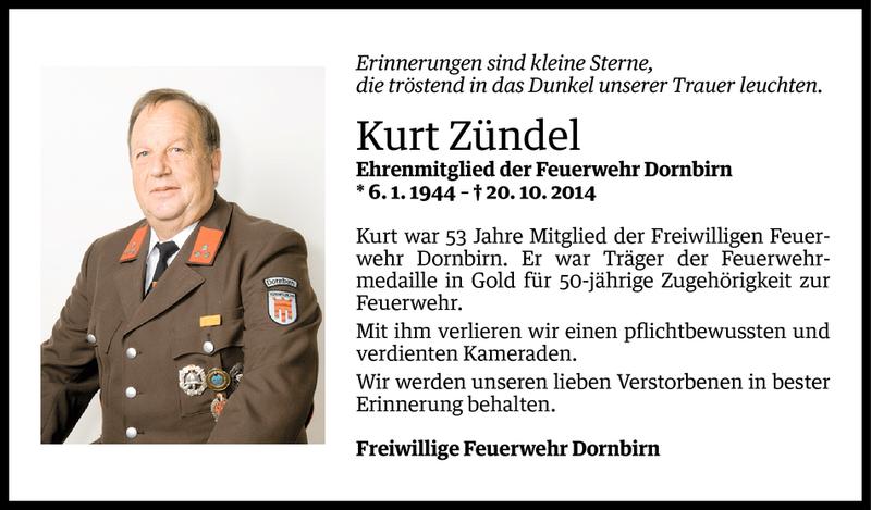  Todesanzeige für Kurt Zündel vom 27.10.2014 aus Vorarlberger Nachrichten