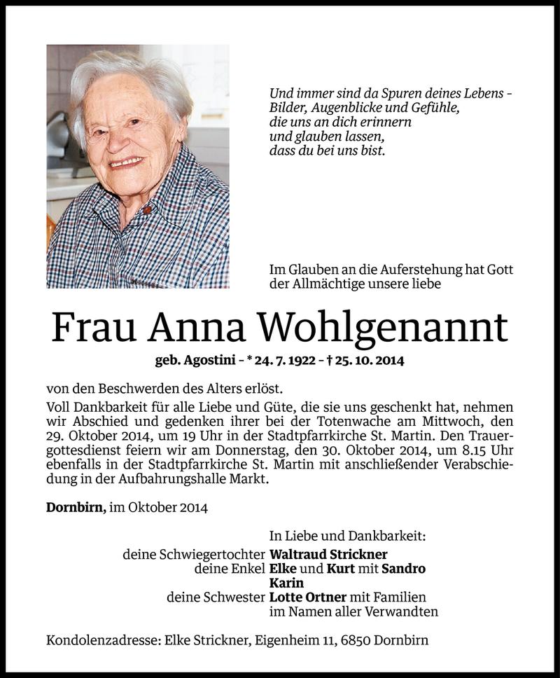  Todesanzeige für Anna Wohlgenannt vom 27.10.2014 aus Vorarlberger Nachrichten