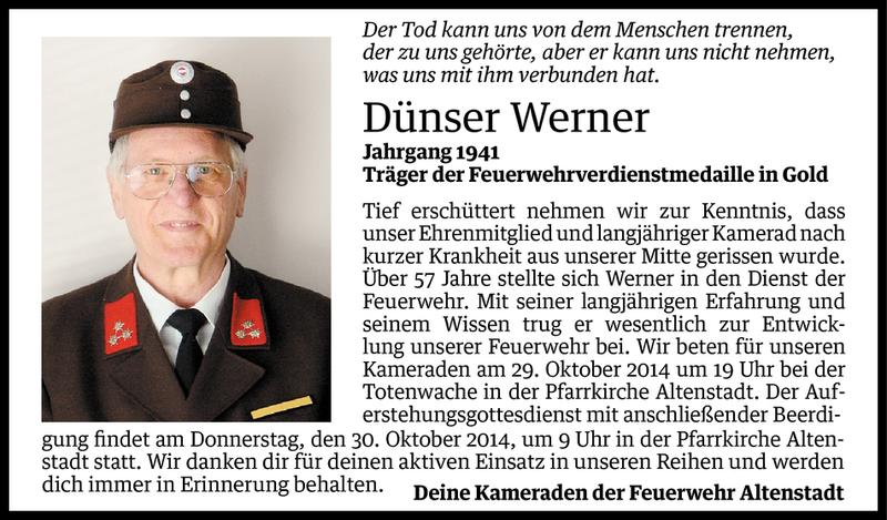  Todesanzeige für Werner Dünser vom 28.10.2014 aus Vorarlberger Nachrichten