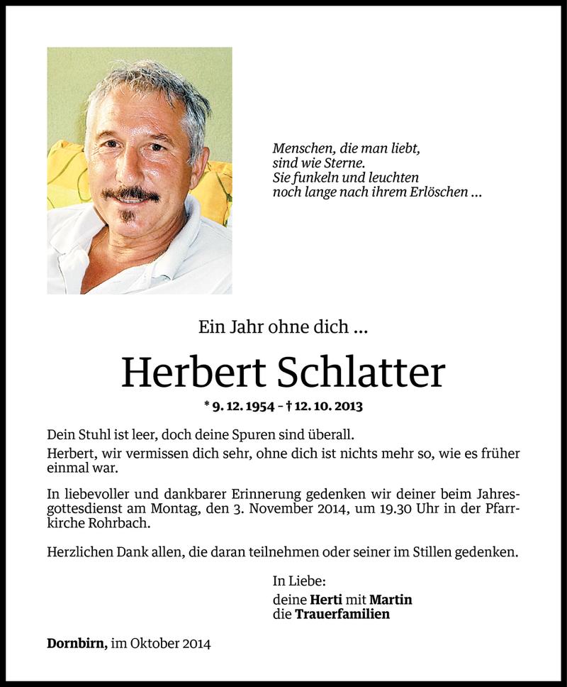  Todesanzeige für Herbert Schlatter vom 28.10.2014 aus Vorarlberger Nachrichten