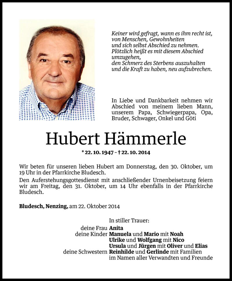  Todesanzeige für Hubert Hämmerle vom 28.10.2014 aus Vorarlberger Nachrichten