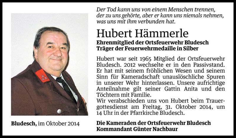  Todesanzeige für Hubert Hämmerle vom 28.10.2014 aus Vorarlberger Nachrichten