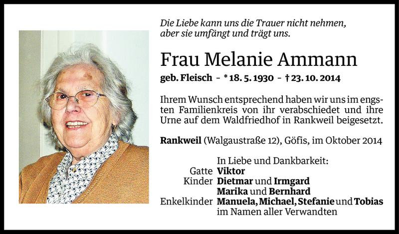  Todesanzeige für Melanie Ammann vom 29.10.2014 aus Vorarlberger Nachrichten